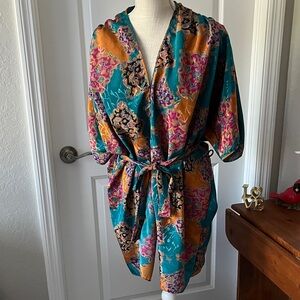 Val Mode Vintage Floral Kimono Robe W Belt Made in USA Ballet Length SZ M